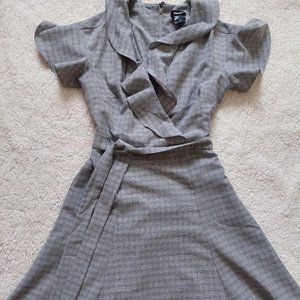 Grey plaid dress with deep v, ruffles, and belt, women's size 6